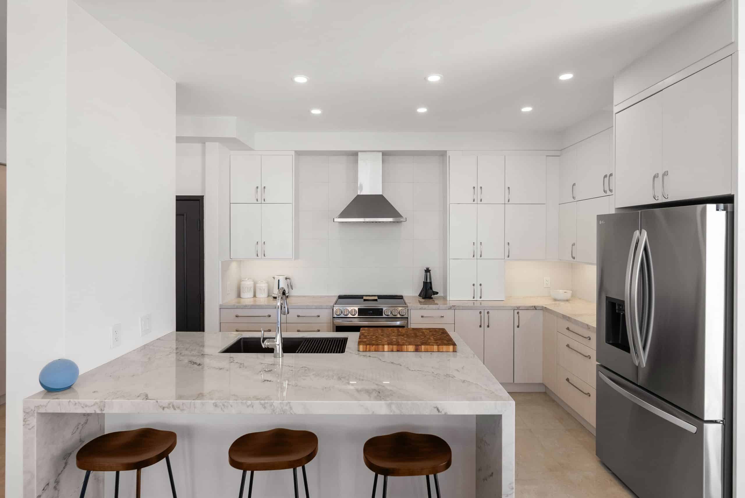 Pleasant Hill remodel — kitchen with waterfall marble island
