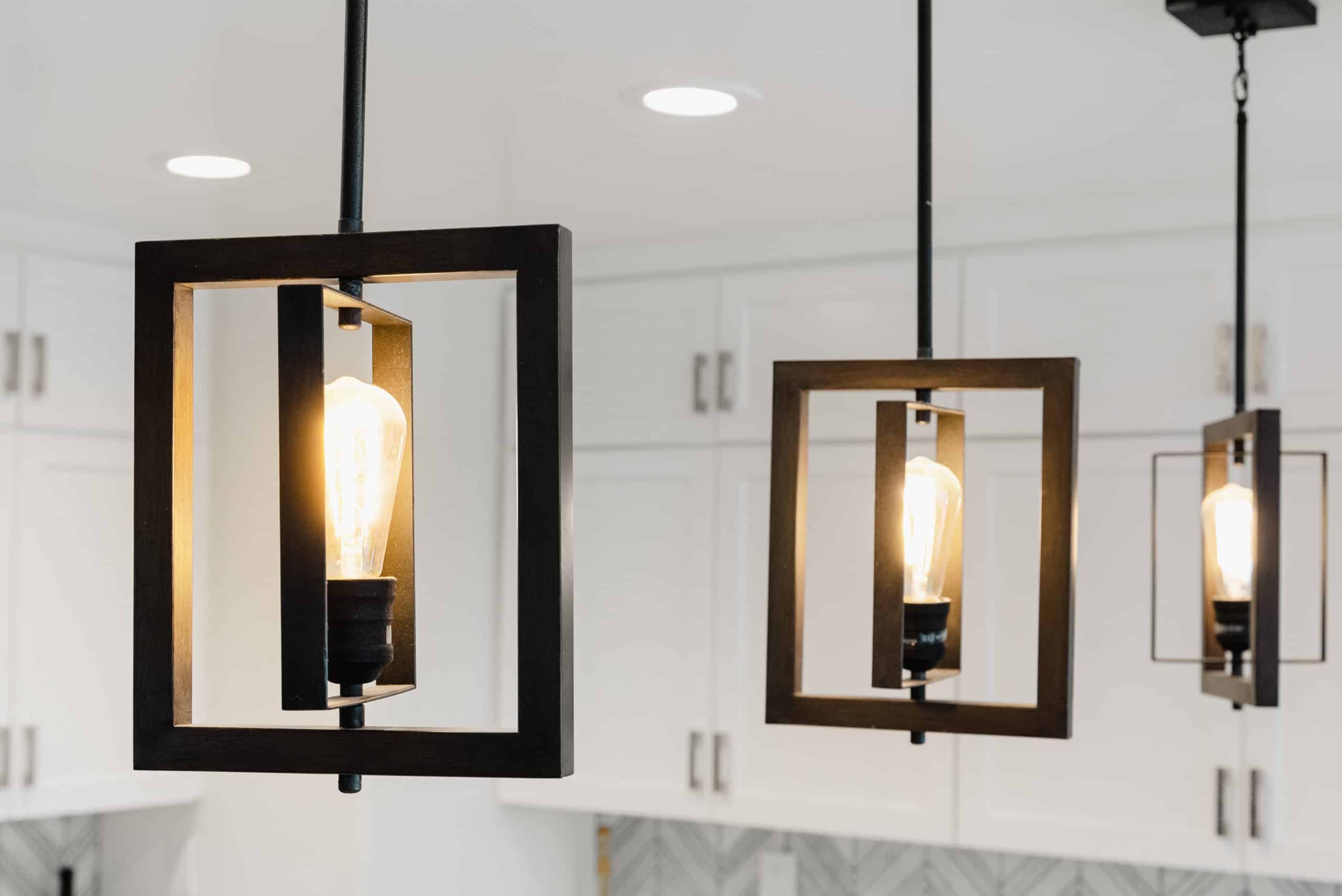 Lantern pendant lighting over the kitchen island
