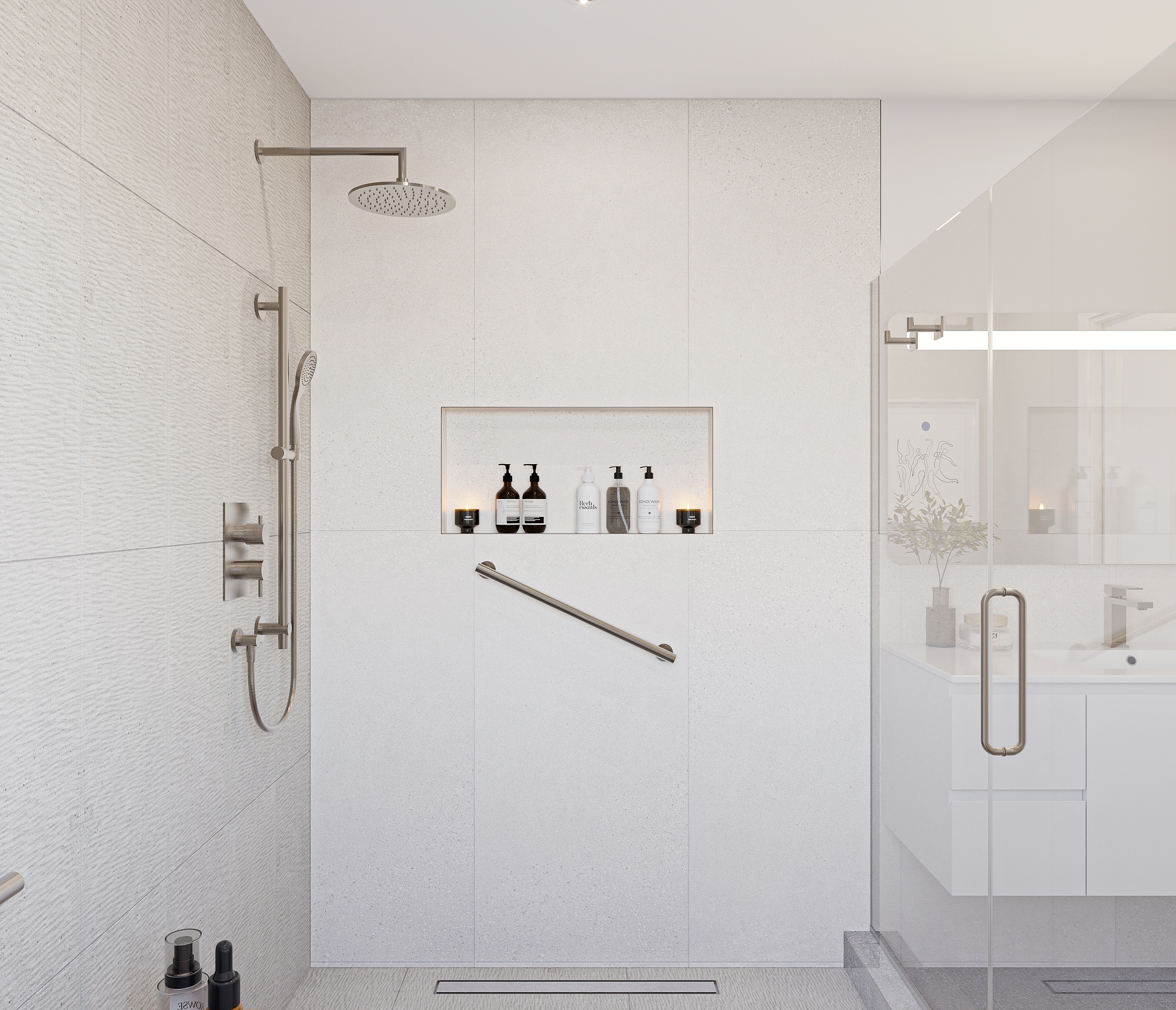 Frameless walk-in shower with rainfall head and recessed niche