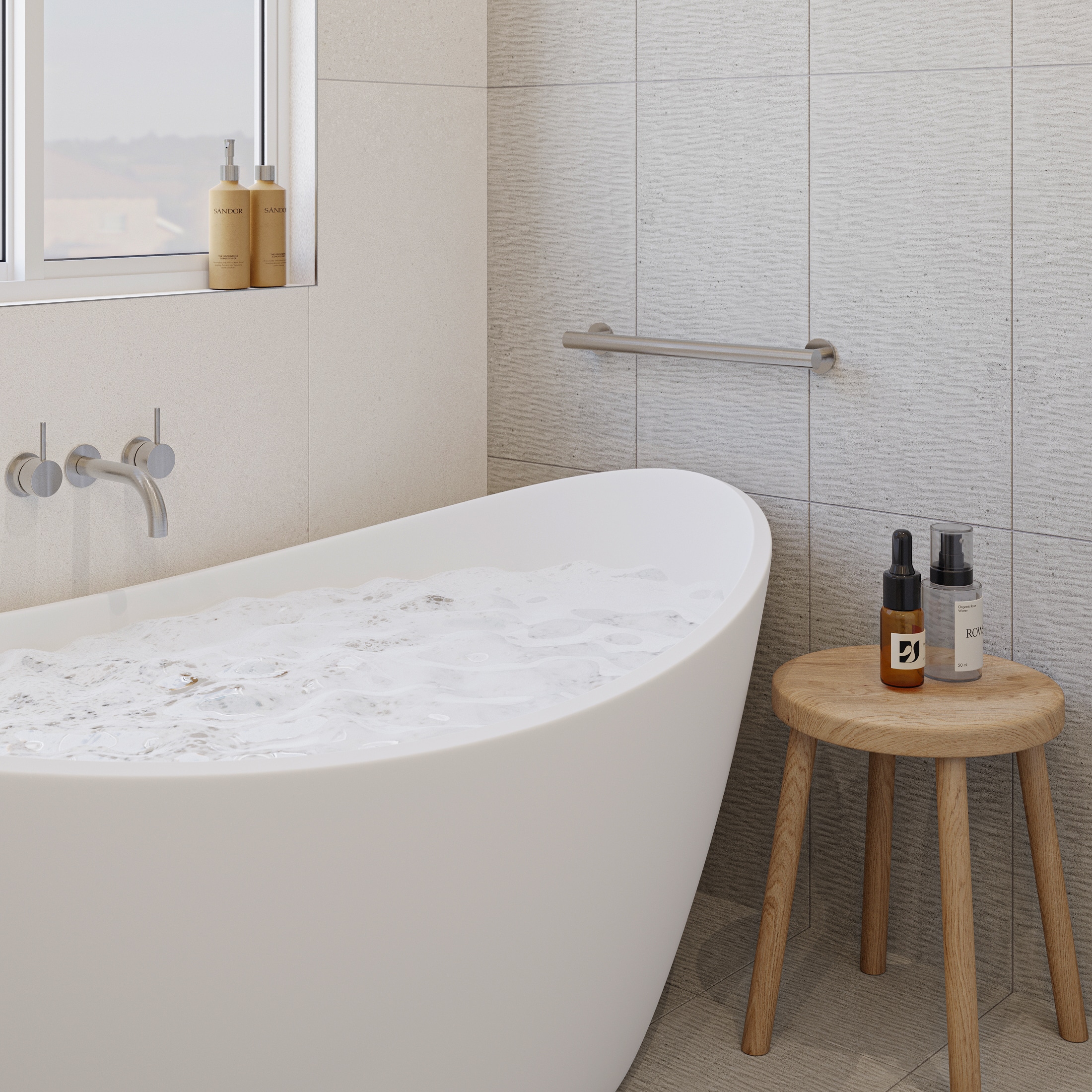 Freestanding tub with wall-mount filler and warm wood accents
