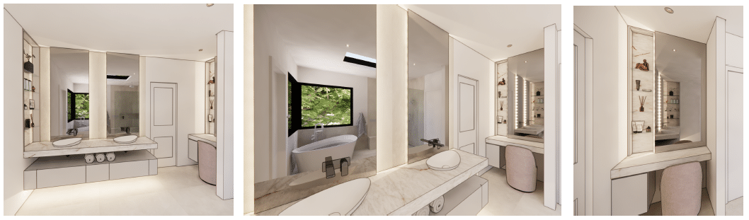 Custom home render — spa bathroom with freestanding tub and view