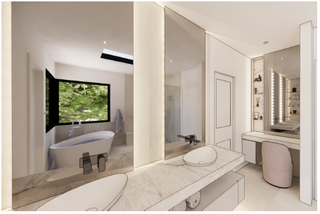 Custom home render — bathroom with glass and view