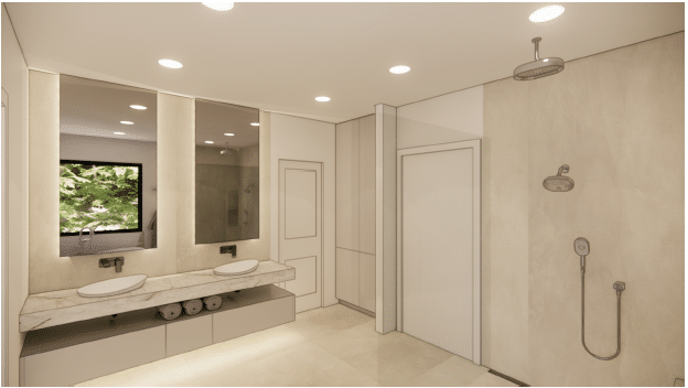 Custom home render — bright bathroom vanity