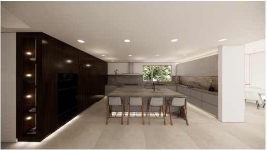 Custom home render — modern kitchen and dining