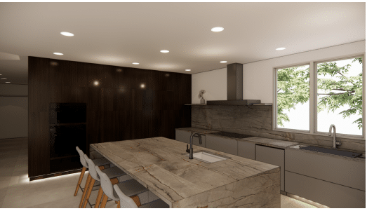 Custom home render — dark modern kitchen with island