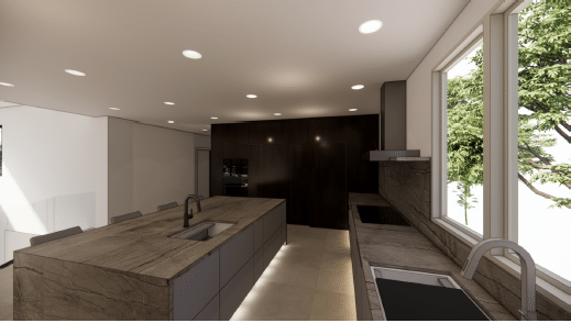 Custom home render — kitchen with island and range