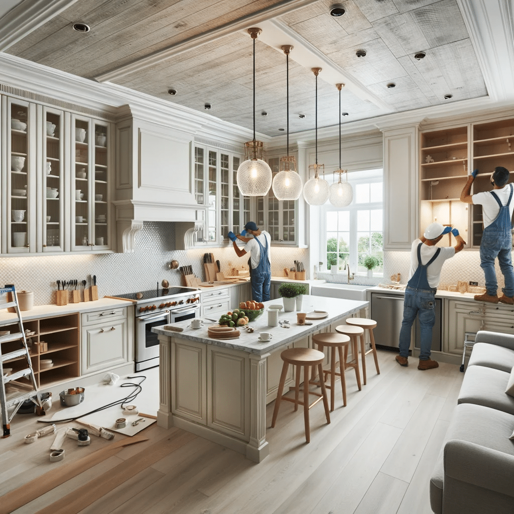 Home Remodeling in the Bay Area. Photo of a kitchen being remodeled with new cabinets, countertops, and a central island. Workers are seen fitting in a new sink and hanging light fixt