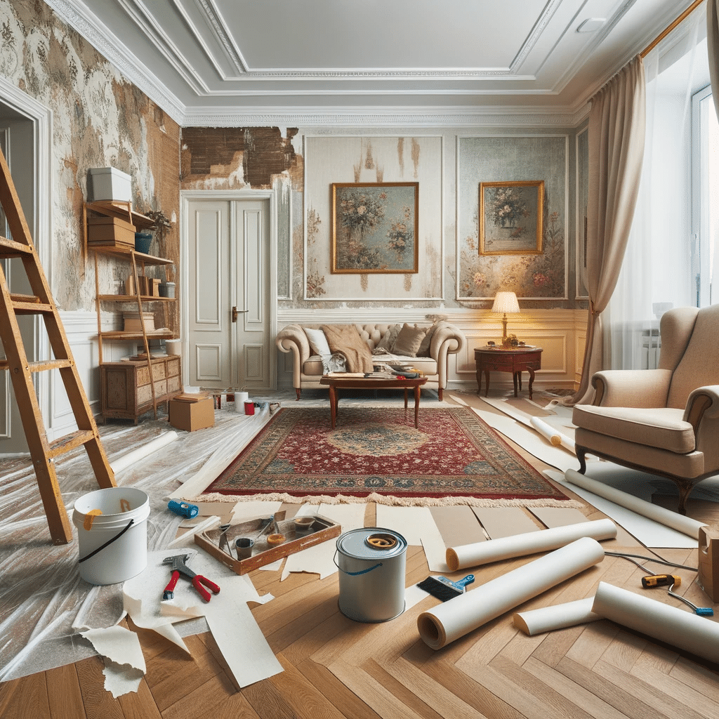 bay area home remodeling.  Photo of a living room undergoing remodeling. Old wallpaper is being stripped, and new hardwood floors are being installed. 