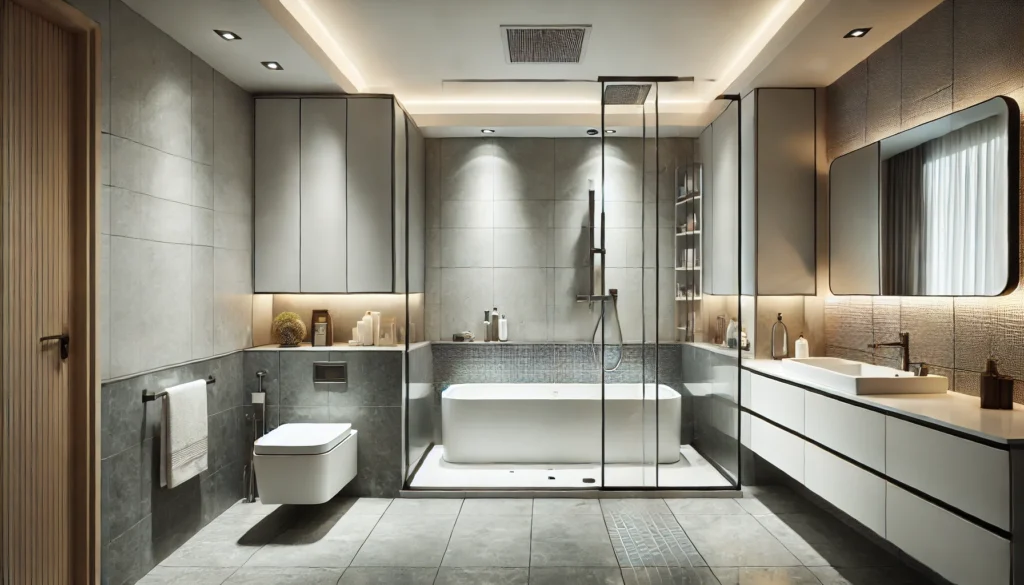 modern bathroom featuring a combined shower and bathtub setup - Shower to bathtub conversion process