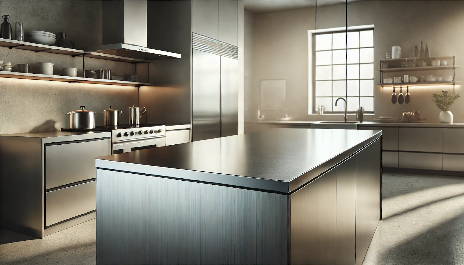  image of a kitchen island featuring a stainless steel countertop