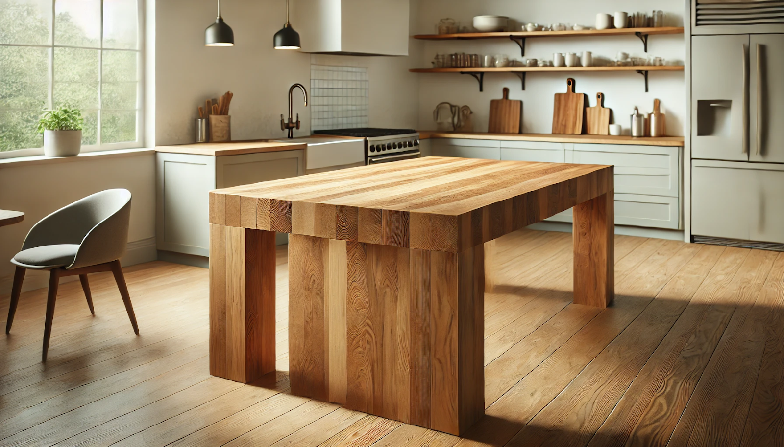 minimalist style image of a kitchen island featuring a butcher block countertop