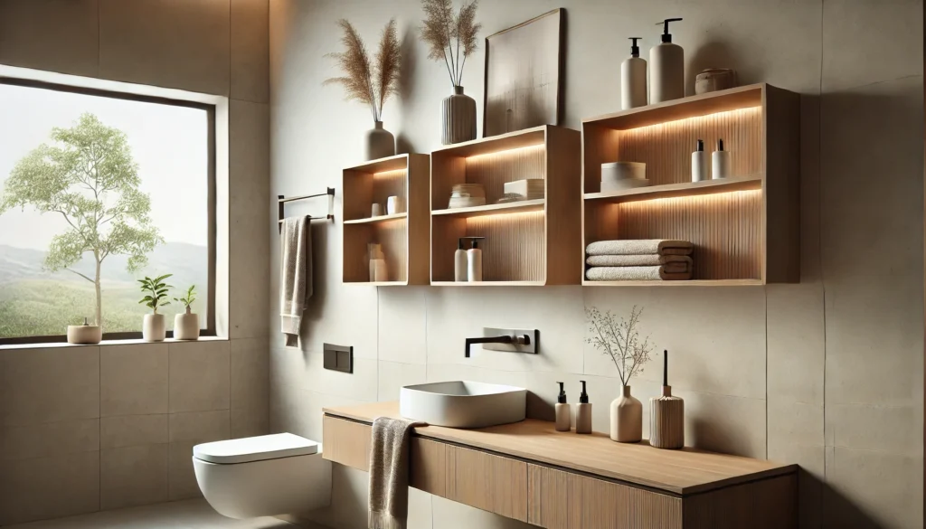 minimalist style image showcasing bathroom shelving ideas with floating shelves