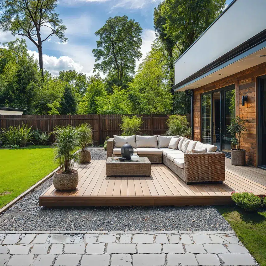 floating deck with couch and table