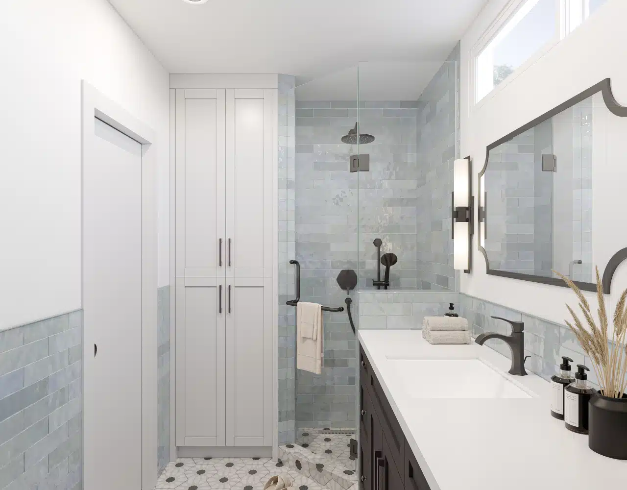 Fremont bathroom remodel — blue-green tile shower, dark vanity and linen cabinet