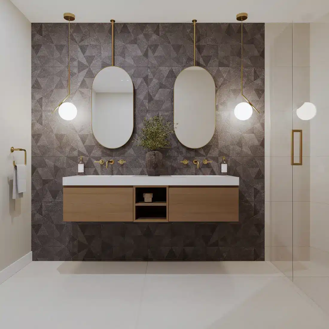 Piedmont guest bath — double vanity with dual mirrors and tile accent wall