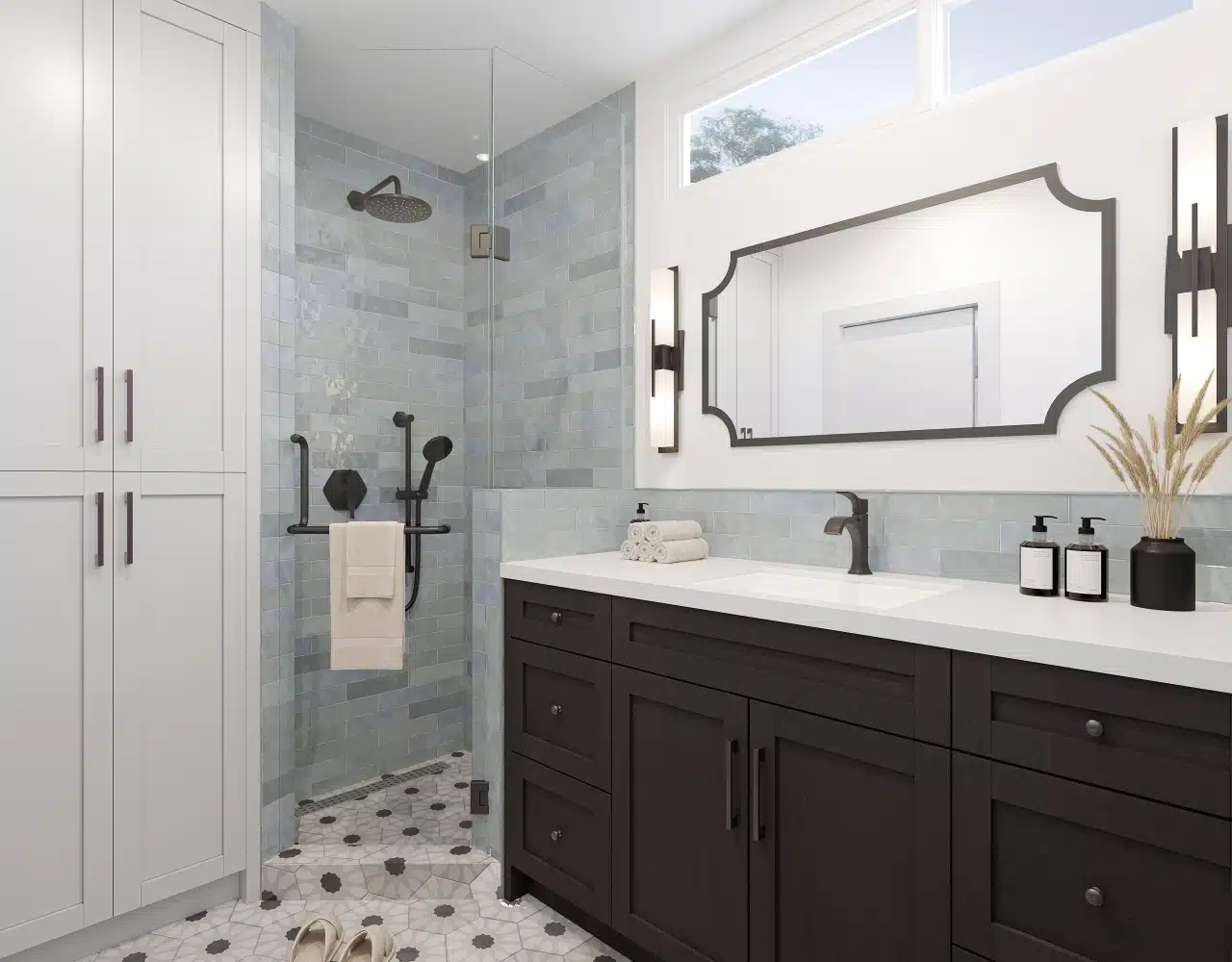 Bathroom and laundry remodel in Fremont, CA — blue-green tile shower and dark vanity by Rhino Builders