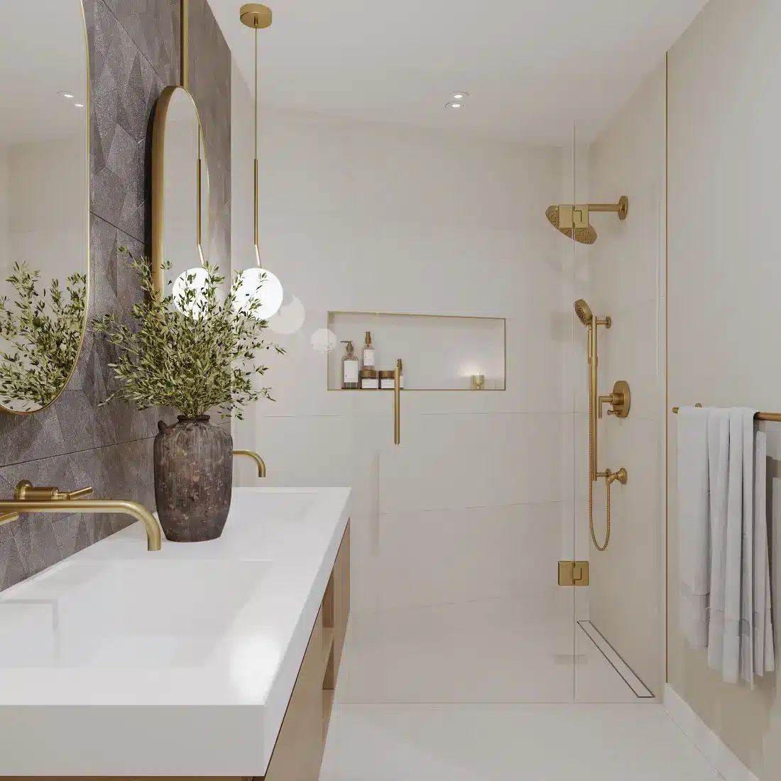 Piedmont guest bathroom — brass fixtures and full-height tile