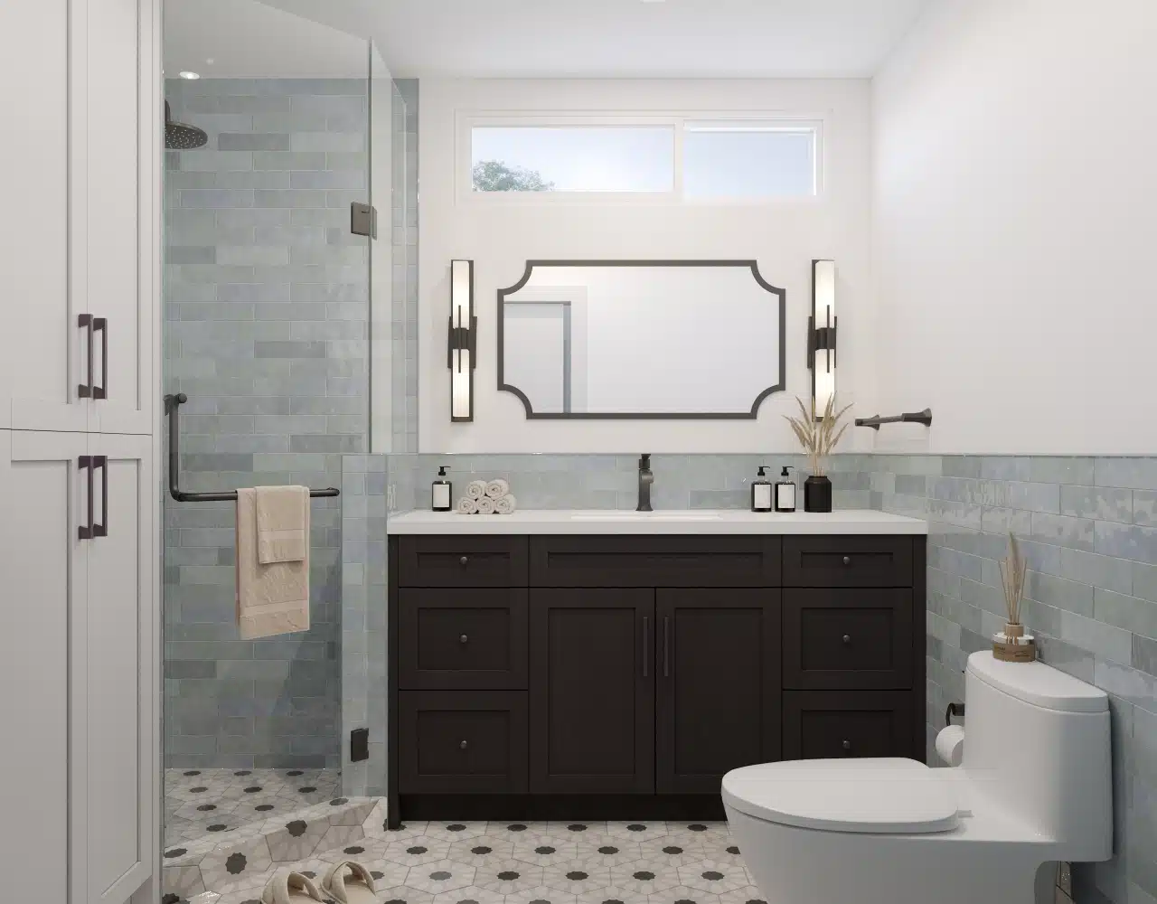 Fremont bathroom remodel — dark double vanity, walk-in shower and patterned floor