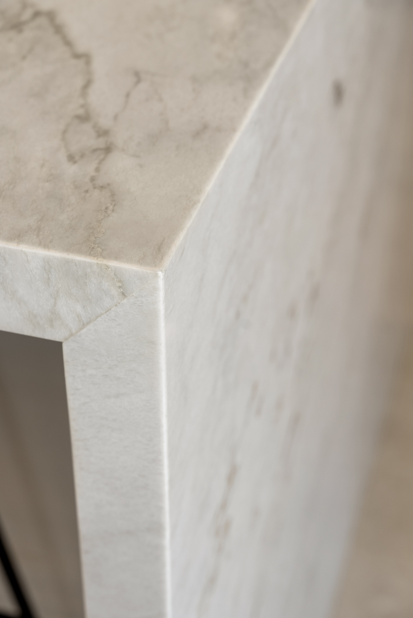 Lafayette kitchen remodel — mitered marble waterfall edge detail
