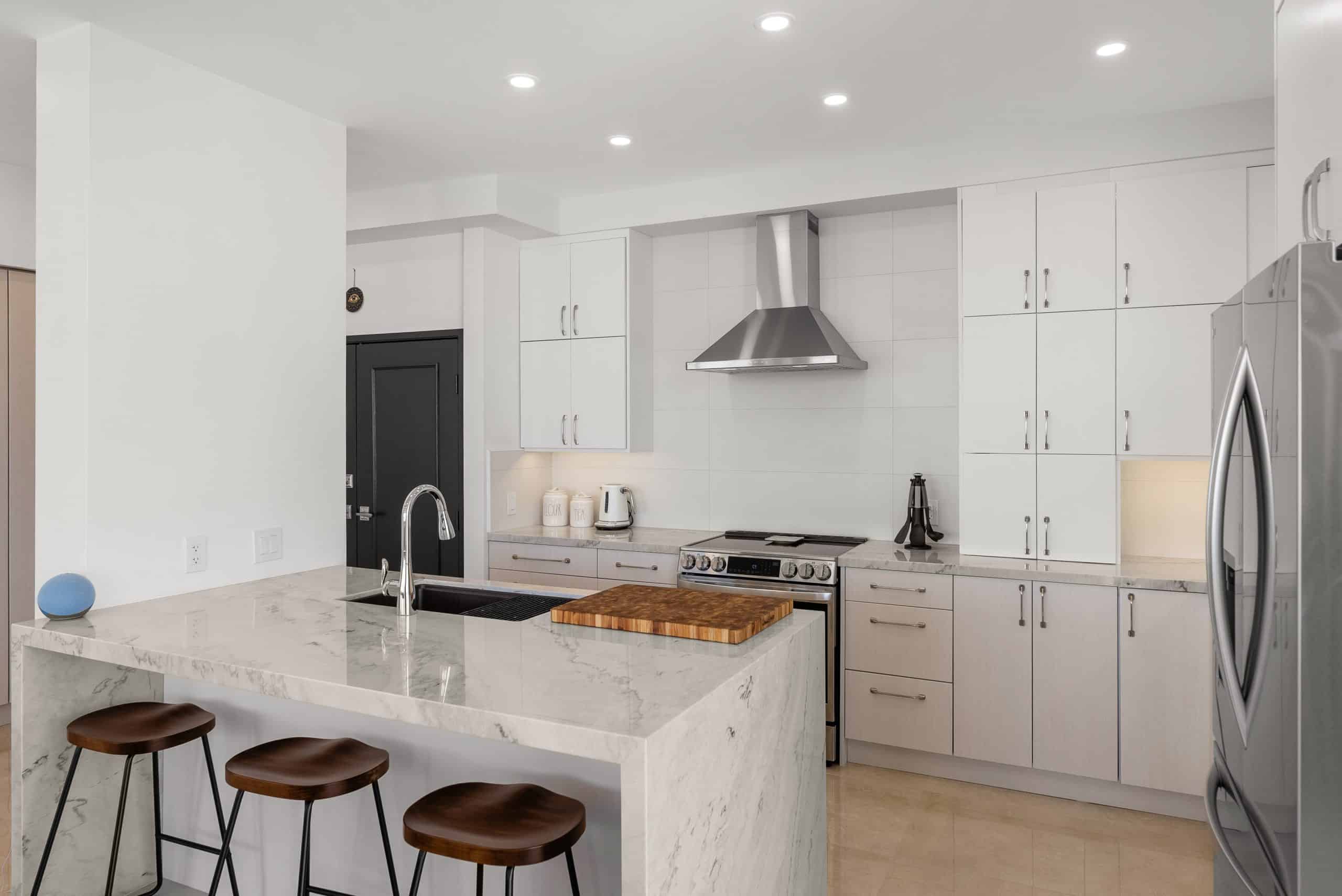 Pleasant Hill full home remodel — waterfall marble kitchen island