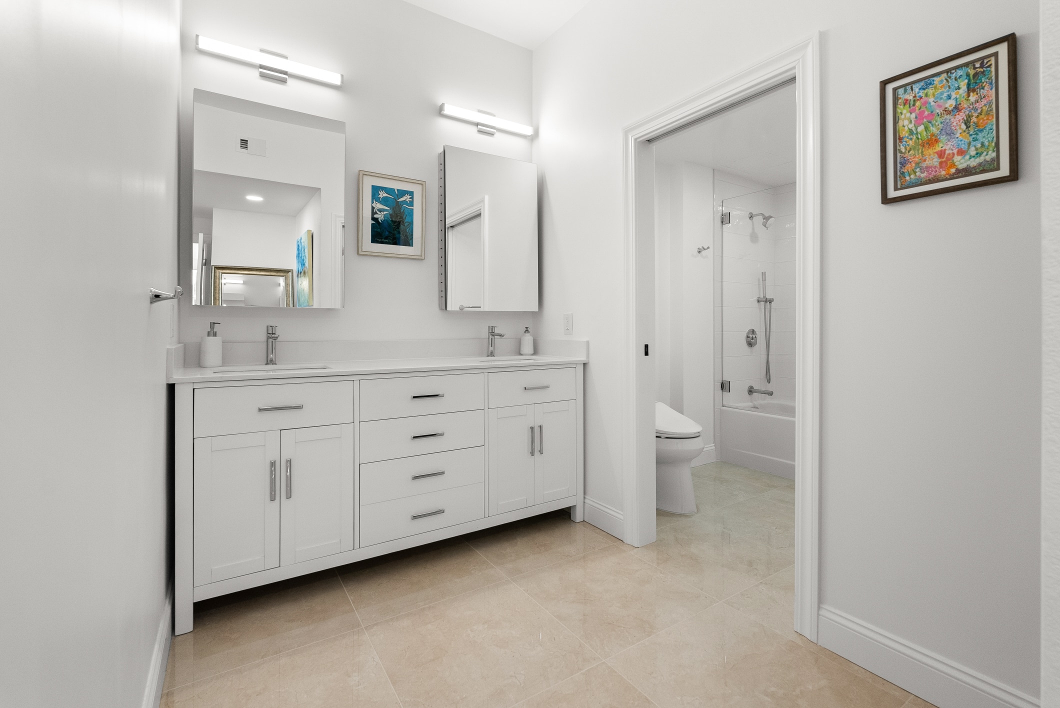 Lafayette primary bathroom — double vanity and separate tub-shower room