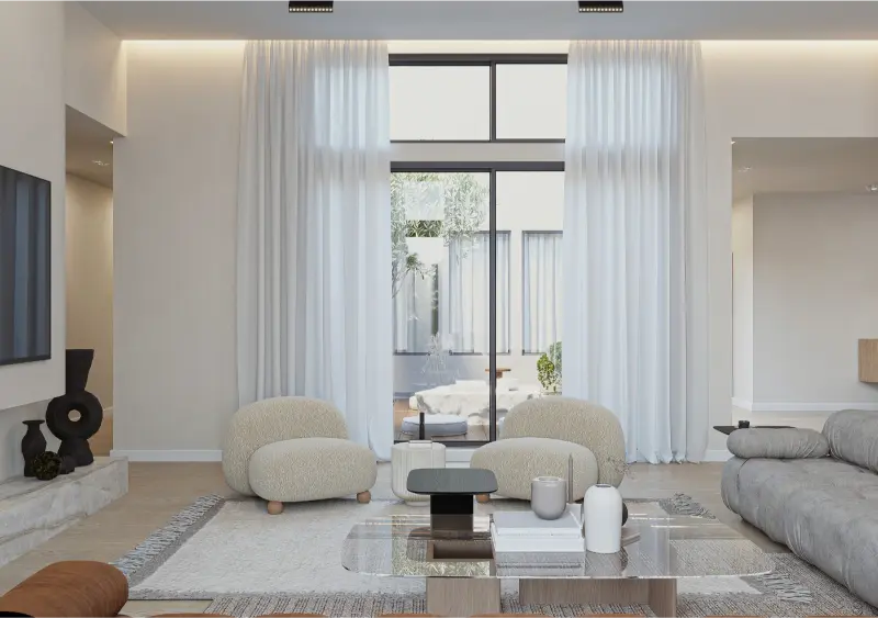 Alamo remodel — double-height living room with bouclé chairs and courtyard view