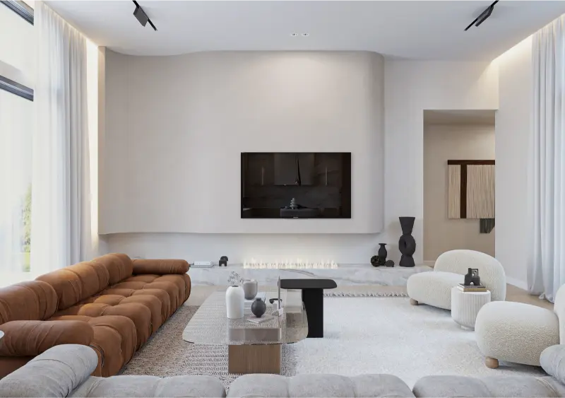 Alamo remodel — living room with plaster feature wall and linear fireplace
