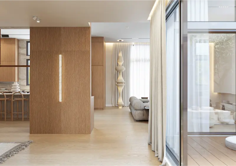 Alamo remodel — white-oak entry with open sightline to the kitchen