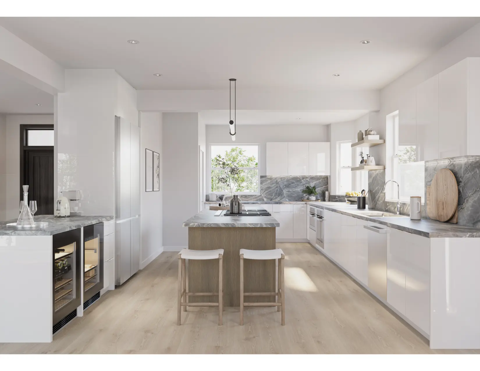 Pleasanton kitchen remodel — open-plan layout with wine fridge