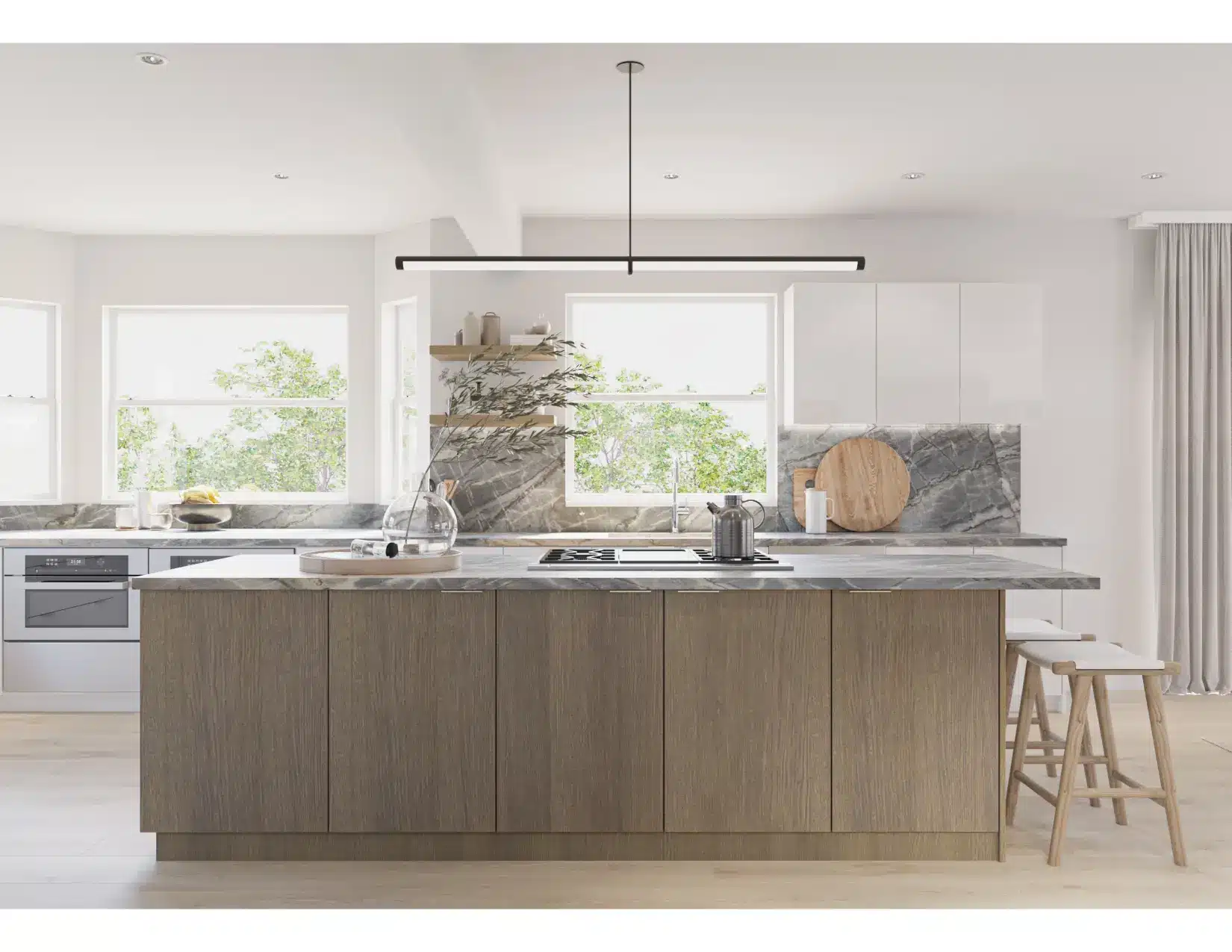 Pleasanton kitchen remodel — wood island and full-height stone backsplash