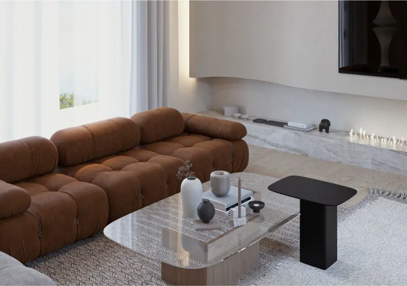Alamo remodel — cognac modular sofa and marble fireplace