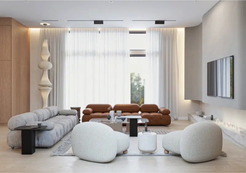 Alamo remodel — living area with paper-lantern lighting and layered seating