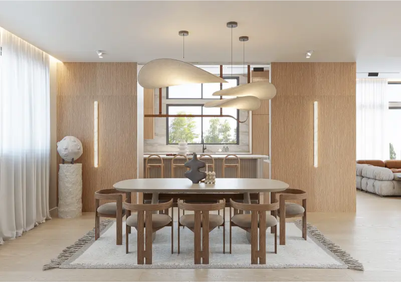 Alamo remodel — dining room with sculptural pendant lighting