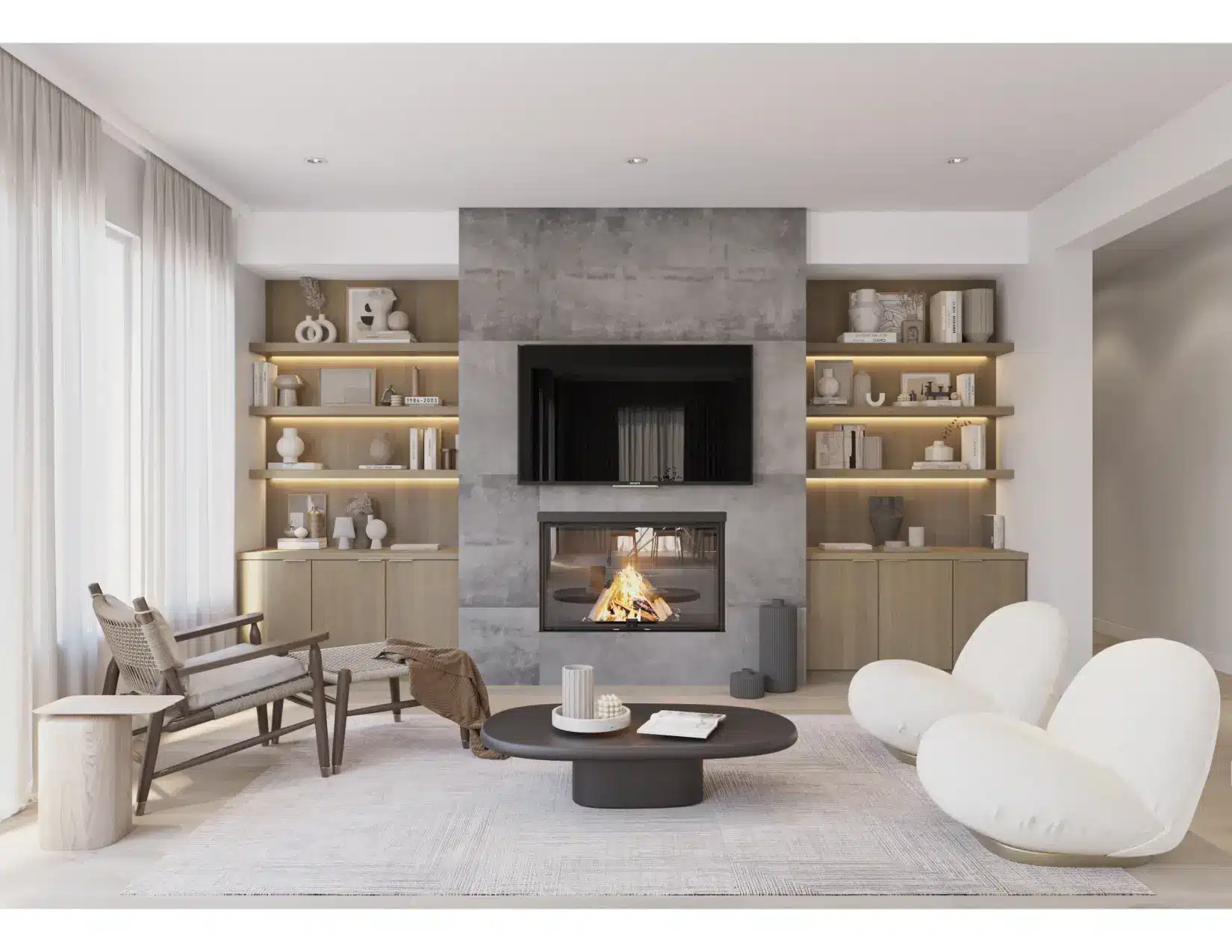 Pleasanton living room remodel — fireplace with built-in shelving