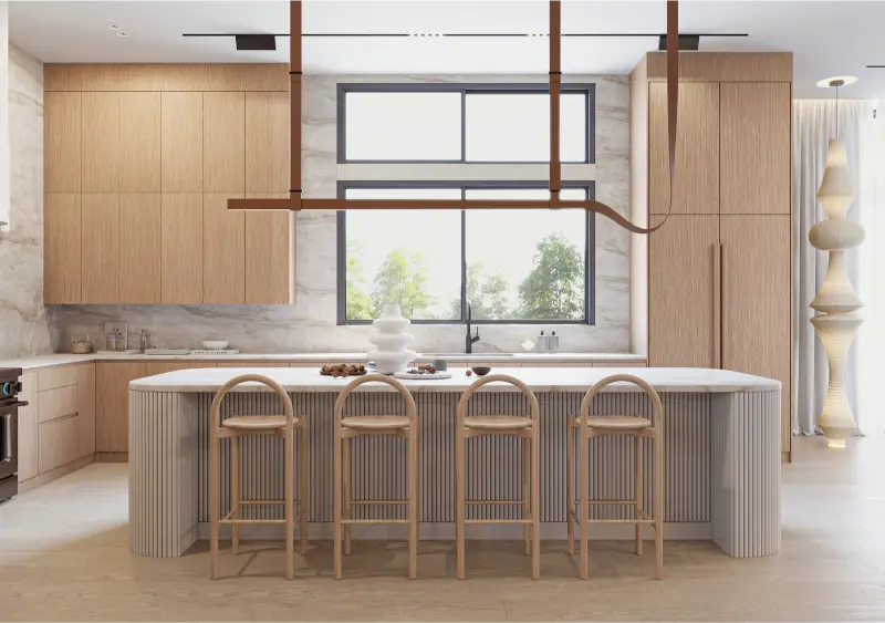 Alamo kitchen remodel — fluted island with arched bar stools and marble backsplash