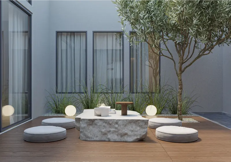 Alamo remodel — courtyard at dusk with landscape lighting