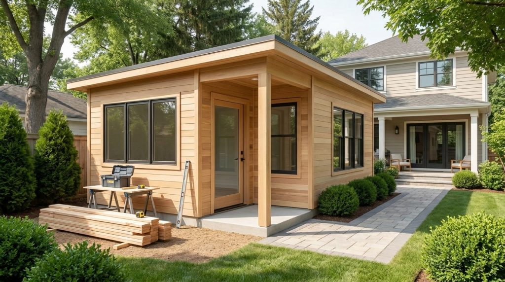A modern wooden backyard studio or guest house with natural cedar siding and large multi-pane windows, featuring a covered entry porch and contemporary design. The structure sits on a paved patio adjacent to a residential home, surrounded by landscaping with shrubs and a manicured lawn. Construction materials and tools are visible on the left side, indicating ongoing building or renovation work.