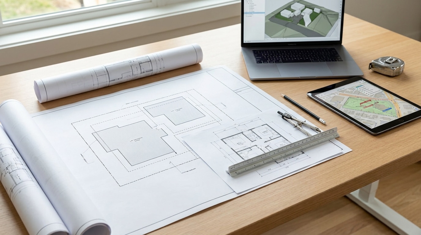 An architect's workspace showing detailed floor plan blueprints spread across a wooden desk, with rolled architectural drawings, a metal ruler, compass, and drawing tools nearby. A laptop displaying a 3D building model and a tablet showing a site map are positioned beside the plans, with natural light from a window illuminating the workspace.