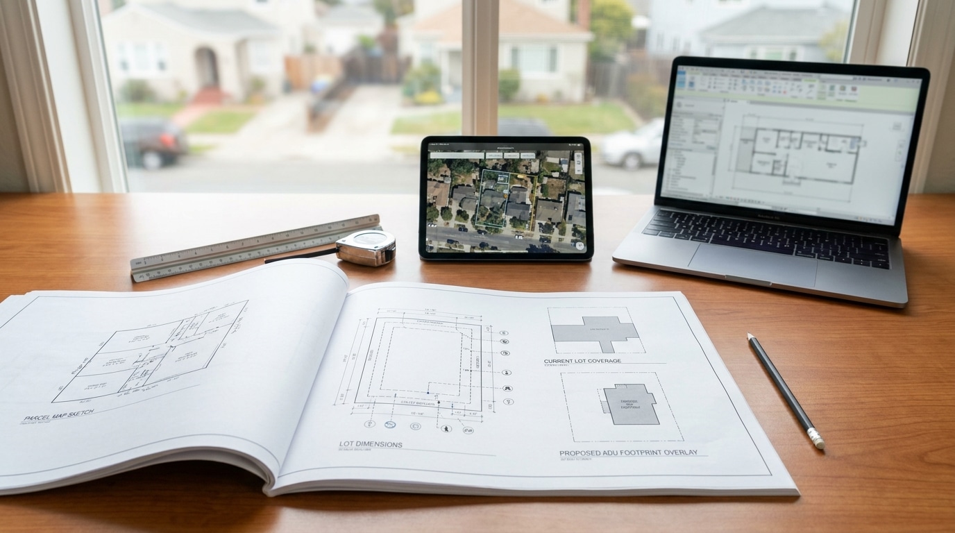 An architect's workspace displays printed blueprints and digital design tools on a wooden desk by a window overlooking a suburban street. The open blueprint shows lot dimensions and proposed ADU footprint overlay plans, accompanied by a metal ruler, compass, and pencil. A tablet displays an aerial map view of the property while a laptop shows architectural design software, illustrating the blend of traditional and digital design methods in modern architecture planning.