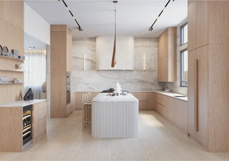 Alamo kitchen remodel — white-oak cabinetry, stone hood and fluted island