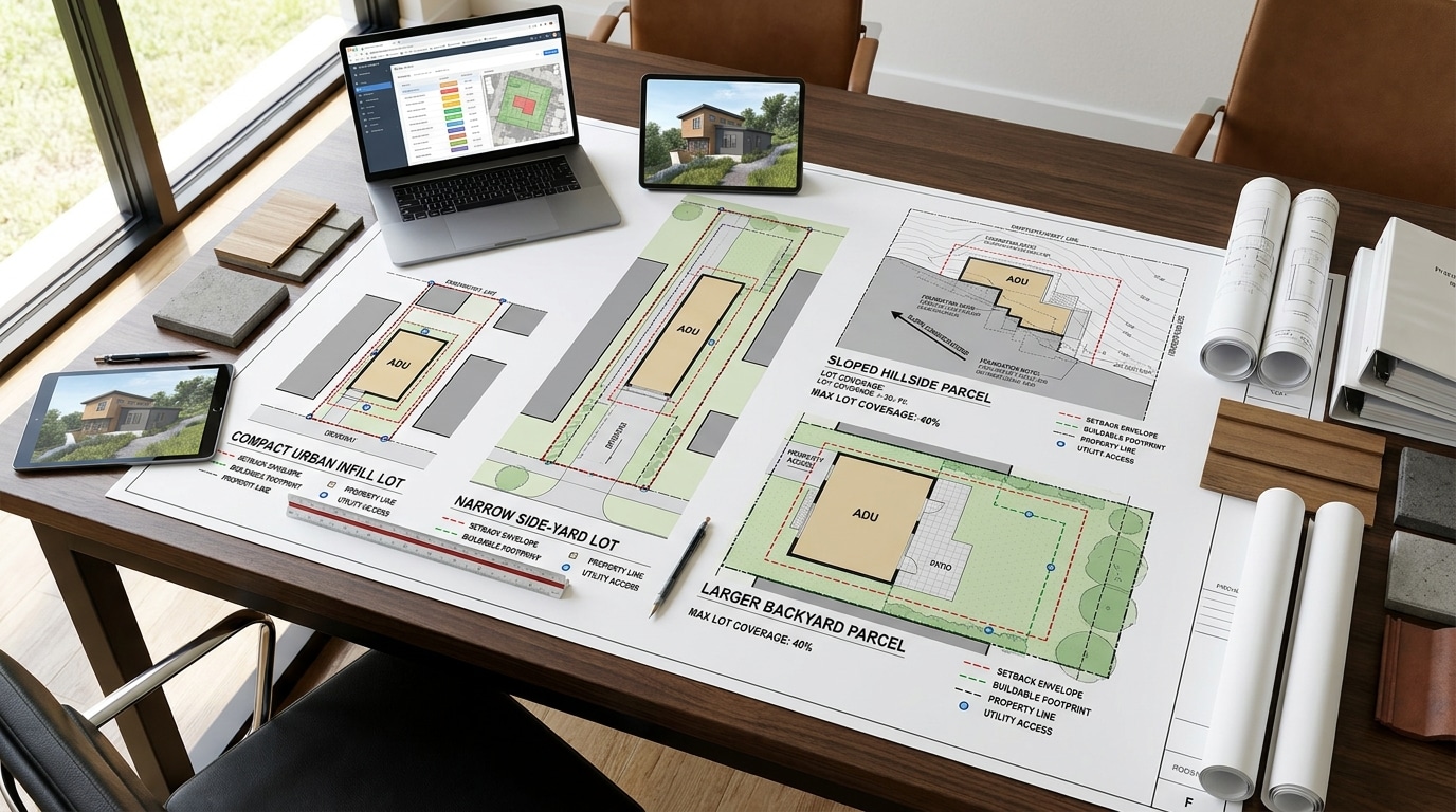 A professional architect's workspace displays multiple site plan drawings and property layouts on a wooden desk, with a laptop showing design software, two tablets displaying rendered house images, and rolled blueprints organized on the right side. The plans detail various lot configurations including "Compact Urban Infill Lot," "Narrow Side-Yard Lot," "Sloped Hillside Parcel," and "Larger Backyard Parcel," each showing building footprints, property lines, and coverage percentages. Natural light streams through large windows overlooking greenery, creating an ideal design environment for residential development planning.