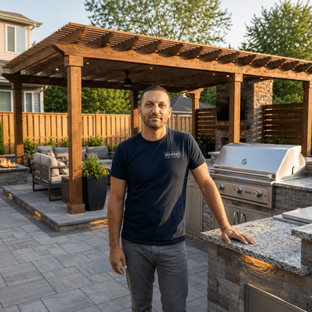 A man wearing a dark "RHINO" branded t-shirt stands at an outdoor kitchen counter in a professionally designed backyard patio. The expansive space features a wooden pergola structure, built-in stainless steel grill, stone countertops, comfortable seating areas with cushions, a fire pit, and lush green landscaping in the background. The patio is paved with large stone tiles and showcases high-end outdoor living amenities.