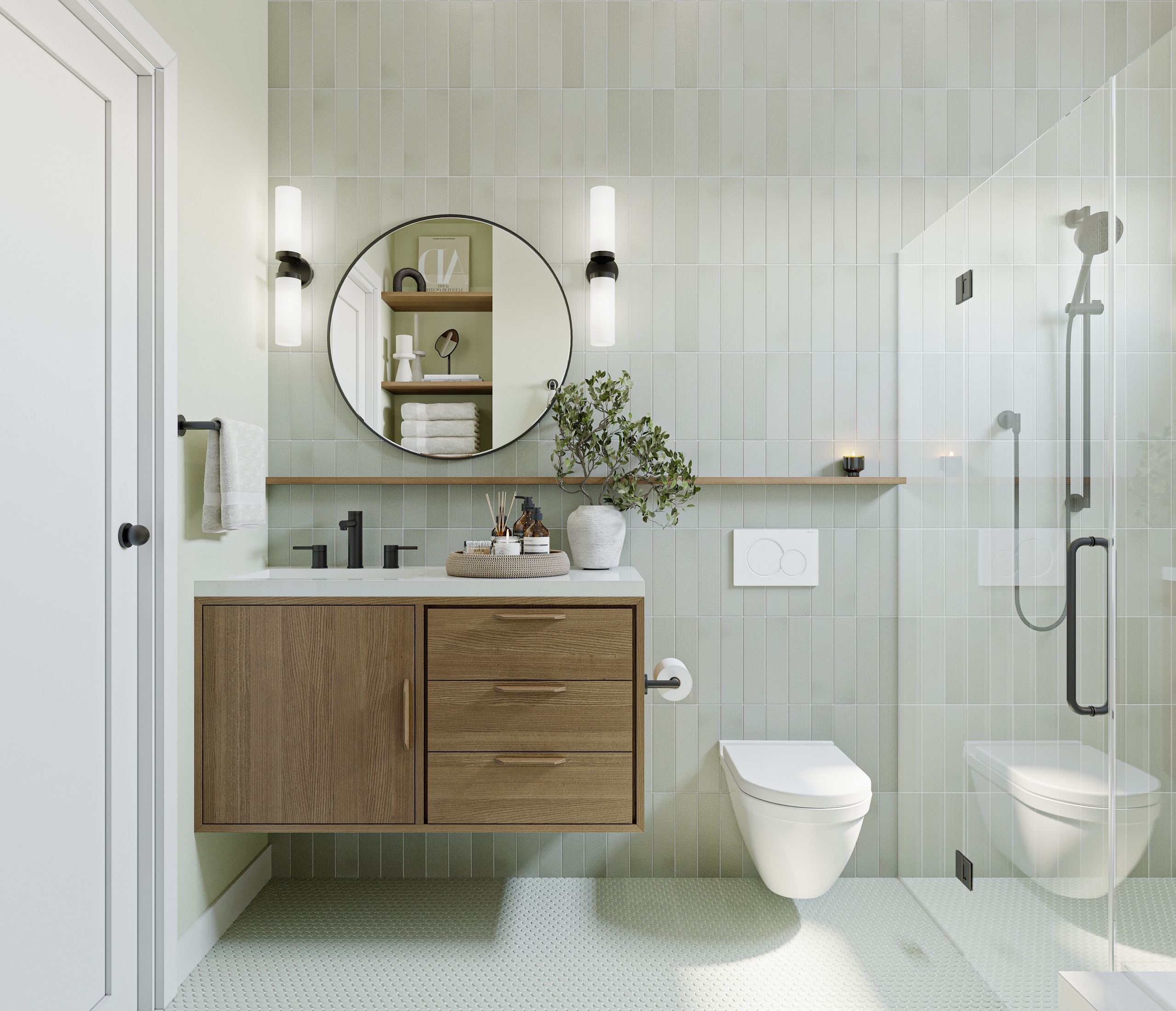 Richmond master bathroom remodel — wood vanity and round black mirror