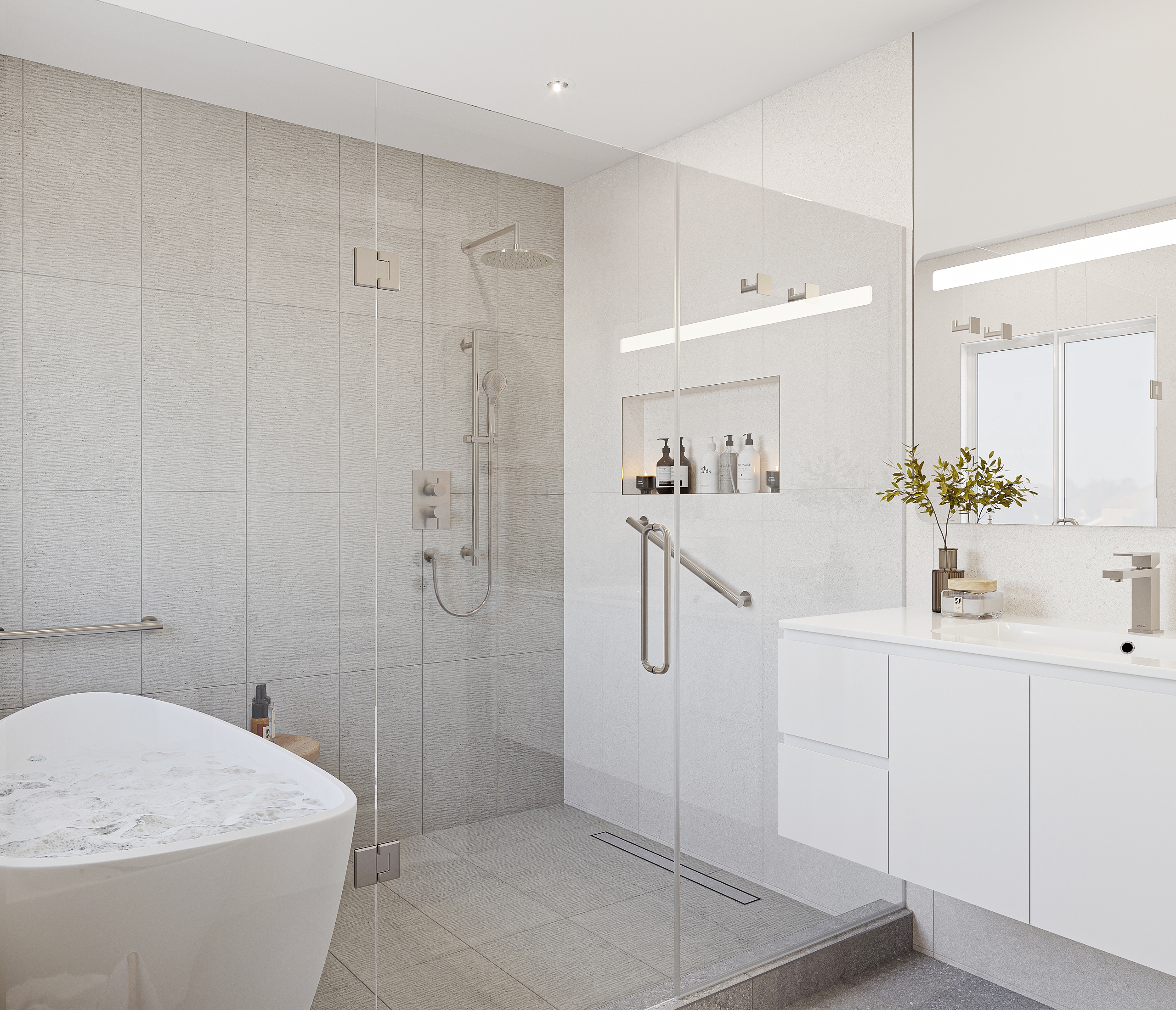Concord bathroom remodel — freestanding tub, double vanity and walk-in shower