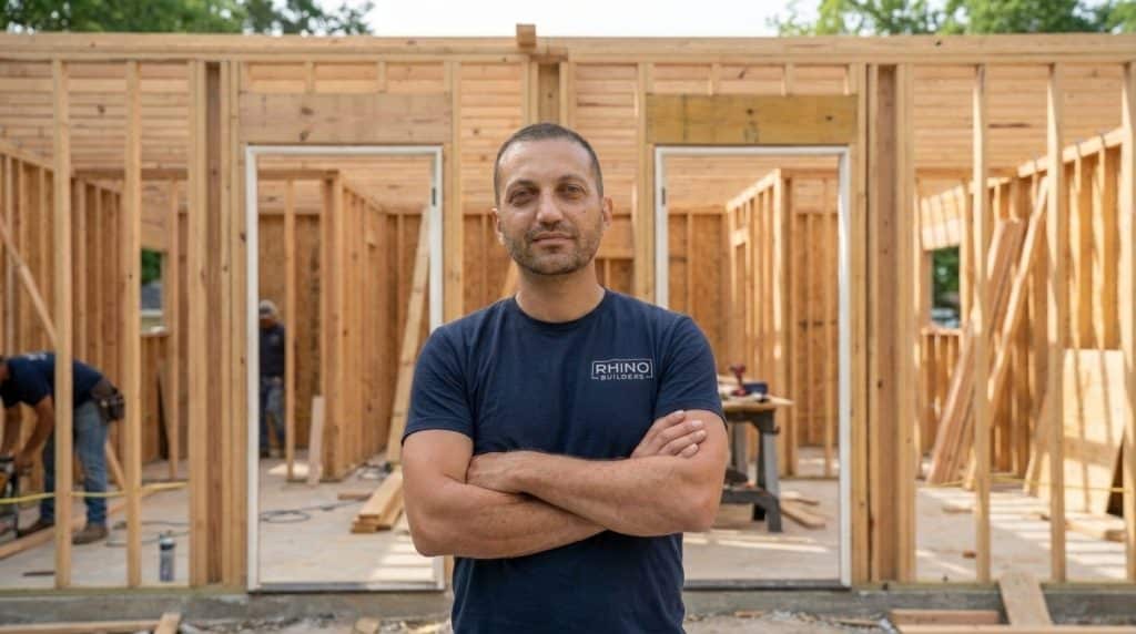 A man wearing a dark navy "Rhino Builders" t-shirt stands with crossed arms in front of a residential home under construction. The wooden frame structure behind him shows exposed studs, window openings, and doorways, with construction workers visible in the background. The image captures a professional portrait of what appears to be a construction company representative or owner at an active building site.