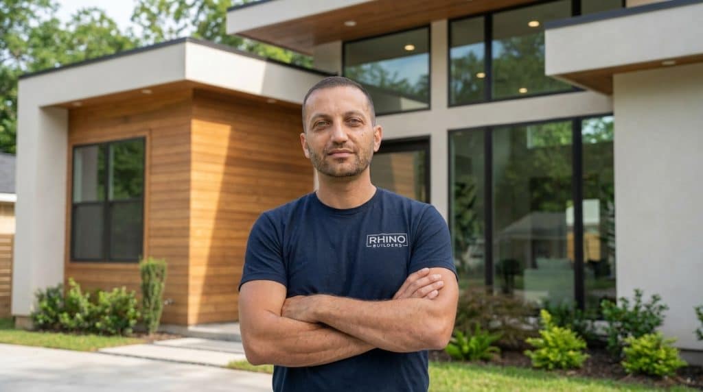 A man wearing a dark blue Rhino Builders t-shirt stands with his arms crossed in front of a modern residential home featuring white exterior walls, large black-framed windows, and a wooden accent door. The contemporary architecture showcases clean lines and minimalist design, with landscaping visible in the foreground. The setting appears to be a professional portrait taken at a custom-built or renovated property.