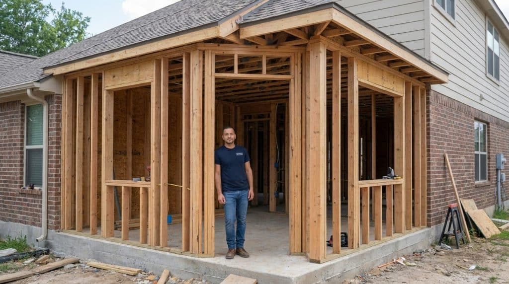 A man stands inside the wooden framed structure of a new home addition or sunroom being constructed against a brick house. The frame displays exposed wooden studs and beams with an open design, large window openings, and a concrete foundation, showing the building in mid-construction phase. Construction materials and tools are visible on the ground beside the structure.