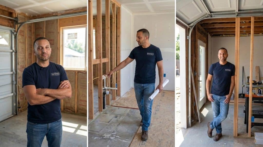 Three photos of men wearing matching dark navy t-shirts with "AMINO" branding positioned in different areas of an unfinished garage or construction space. The left image shows a man standing with arms crossed near the garage door, the center image captures a man walking through the interior holding rolled blueprints, and the right image displays another man standing in the space with tools and storage visible in the background. The space features exposed wooden framing, white drywall, and concrete flooring, indicating an active renovation or construction project.