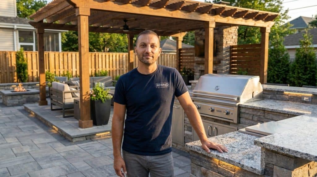 A man wearing a dark Rhino Builders t-shirt stands in a modern outdoor kitchen and patio area, with his hand resting on a granite countertop. Behind him is a stainless steel grill, and the space features a wooden pergola, comfortable seating, a fire pit, and manicured landscaping with evergreen plants. The professionally designed backyard showcases high-end hardscape materials and outdoor amenities for entertaining.