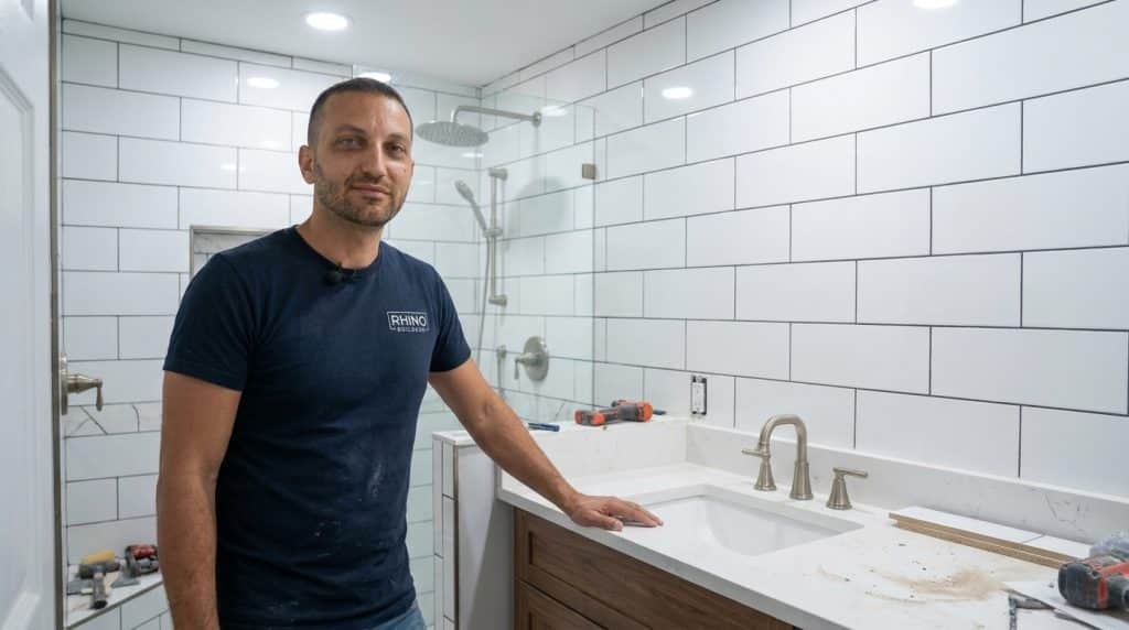 A man wearing a dark blue Rhino Shielding t-shirt stands in a modern bathroom under renovation, with his hand resting on a white countertop with an undermount sink. The bathroom features white subway tile walls, a glass-enclosed shower with rainfall and handheld showerheads, and brushed nickel fixtures. Various tools and construction materials are scattered on the counter and floor, indicating ongoing renovation work.